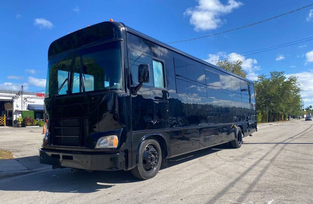 A rental party bus parked on the side of the road in Fort Lauderdale.